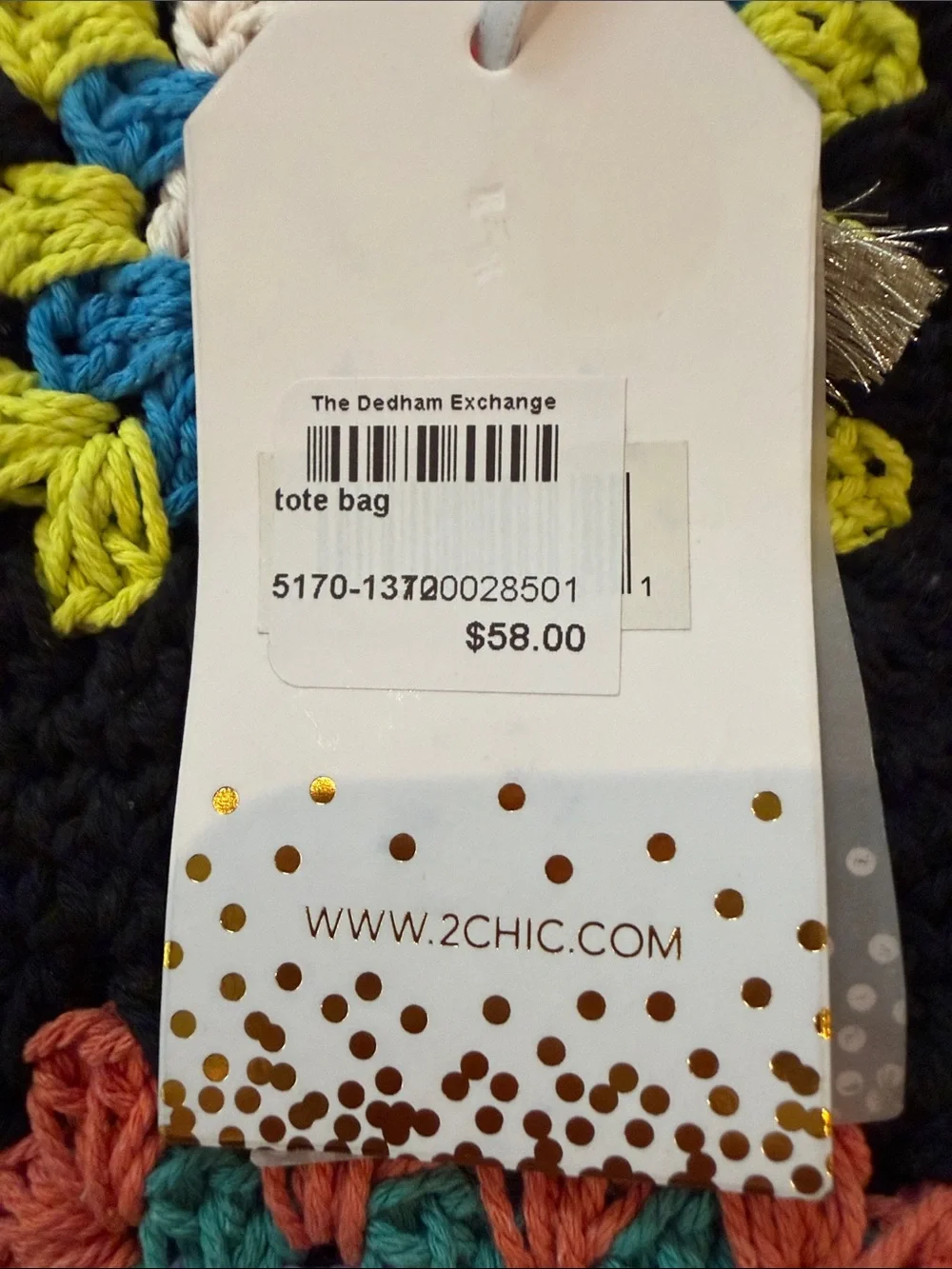 NWT Black Crochet Tote with Colorful Granny Squares and Bamboo Handles